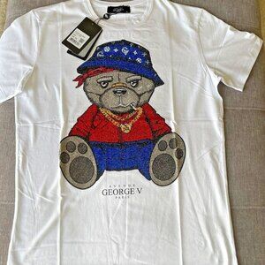 Avenue George V Paris T-Shirt Teddy Bear Men's White Short Sleeve Rhinestone 3XL